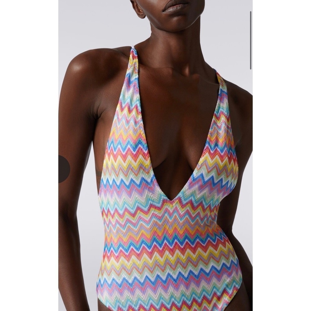 Missoni Mare Women Multicolor Zigzag Knit Deep V-Neck One-Piece Swimsuit NEW - Picture 4 of 6